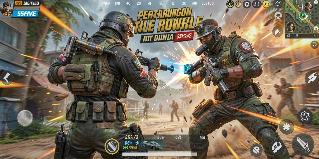 Tangkapan layar gameplay <strong>55FIVE</strong> saat aksi Battle Royale yang mendebarkan.