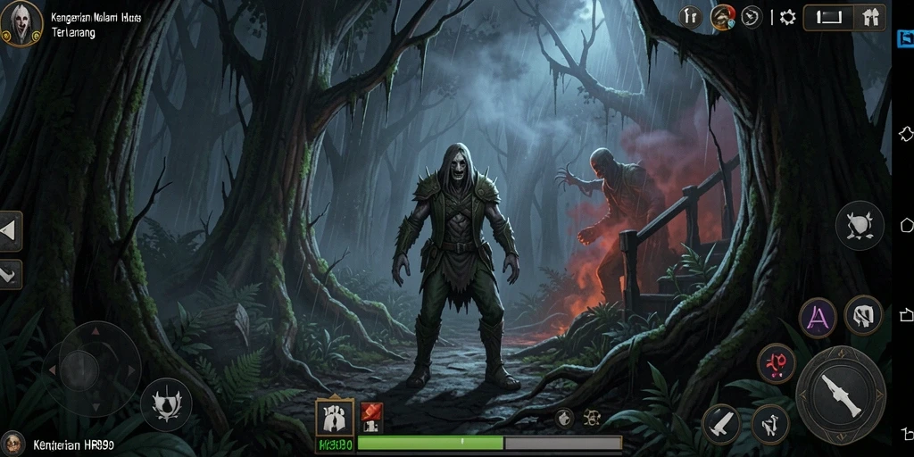 Screenshot gameplay HR89 menampilkan suasana mencekam di hutan terlarang.