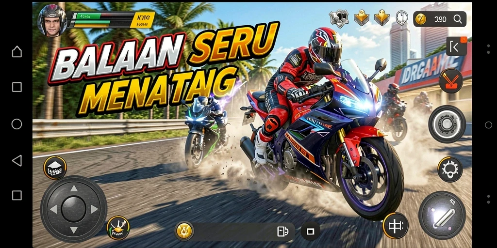 Tangkapan layar IDRGAME menampilkan aksi balapan motor yang mendebarkan.